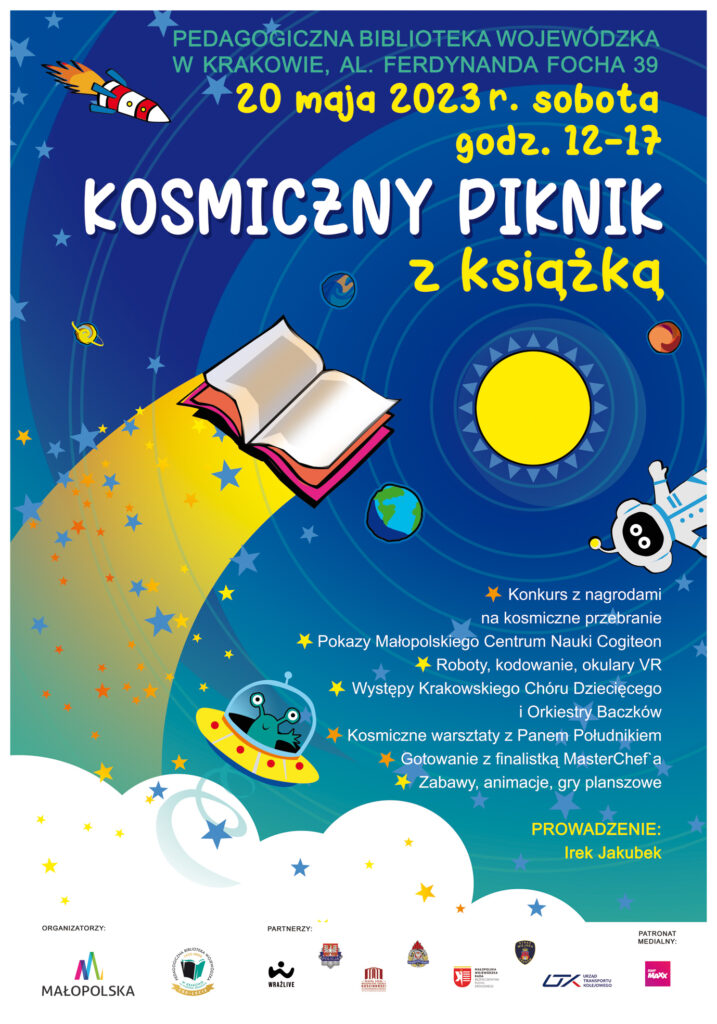Plakat promujący Kosmiczny Piknik z książką